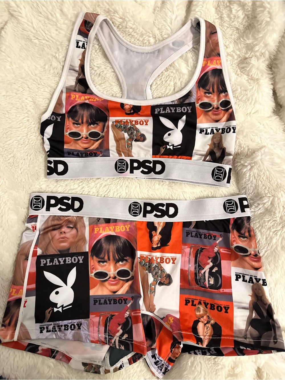 NWOT Super Rare Playboy Logo PSD Women's Sports Bra & Shorts Set - Red Multi